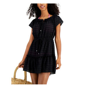 MIKEN Swim Black Drawstrings Tiered Scoop Neck Swimsuit Cover Up Size M 12370